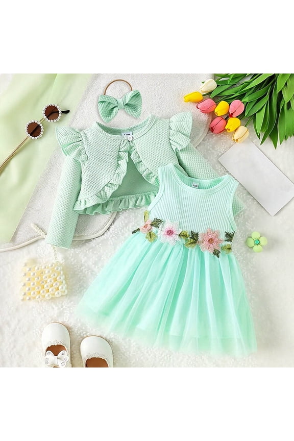 Baby Kids Girls Set Long Sleeve Cardigan And Sleeveless Flower Print Dress Comfortable Fashion Outfit For Daily Wear,Green,18-24 Months