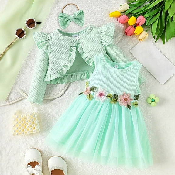 FAOWME Baby Kids Girls Set Long Sleeve Cardigan And Sleeveless Flower Print Dress Comfortable Fashion Outfit For Daily Wear,Green,9-12 Months