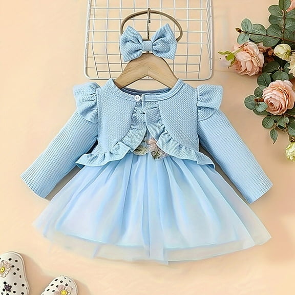 FAOWME Baby Kids Girls Set Long Sleeve Cardigan And Sleeveless Flower Print Mesh Dress Comfortable Fashion Outfit For Daily Wear,Sky Blue,3-6 Months