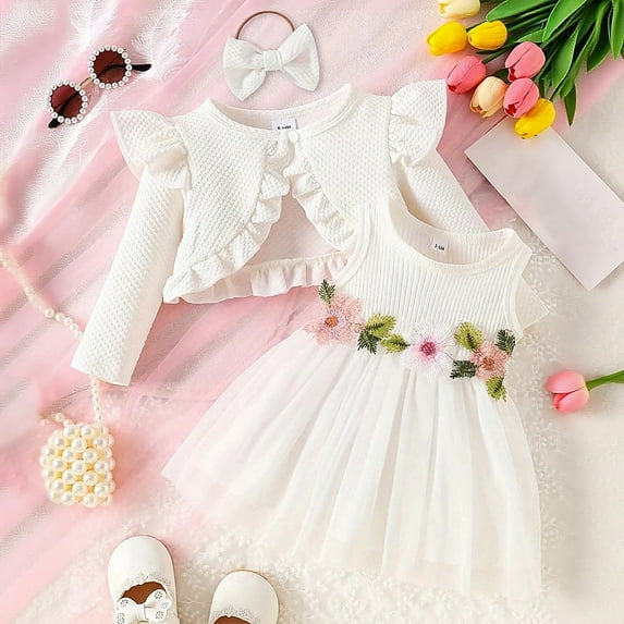 FAOWME Baby Kids Girls Set Long Sleeve Cardigan And Sleeveless Flower Print Mesh Dress Comfortable Fashion Outfit For Daily Wear,White,3-6 Months