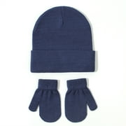 FAOWME Baby Knitted Hat And Glove Set Versatile Solid Color Fall Children Wool Pullover Hat Navy M