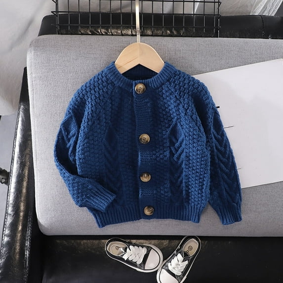 FAOWME Baby Toddler Girls Cardigan Round Neck Long Sleeve Button Knitted Solid Color Comfortable Coat Tops For Casual Daily Wear,Blue,3-4 Years