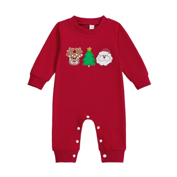 FAOWME Big Boys Christmas Romper Long Sleeve Round Neck Reindeer Applique Embroidery Comfortable Soft Jumpsuit For Holiday Playwear Red 3-6 Months