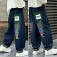 thumbnail image 1 of FAOWME Big Boys Denim Pants With Pocket Elastic Waist Wide Leg Straight Fit Cartoon Print Comfortable Loose Jeans Trousers For Daily Wear Blue 15-16 Years, 1 of 9