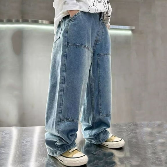 FAOWME Big Boys Denim Pants With Pocket Elastic Waist Wide Leg Straight Fit Casual Stylish Loose Jeans Trousers For Daily Wear Blue 6-7 Years