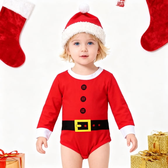 FAOWME Big Boys Girls Christmas Jumpsuits Long Sleeve Santa Claus Design Comfortable Soft Romper Hat Set For Party Red 3-6M