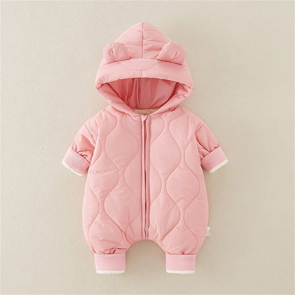 FAOWME Big Boys Girls Hooded Down Jumpsuits Long Sleeve Solid Color Zipper Thickened Warm Soft Romper Bodysuits For Daily Wear Pink 0-3 Months