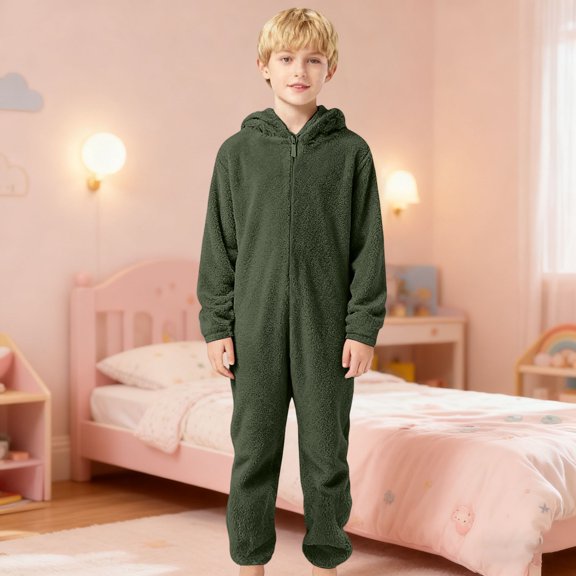 FAOWME Big Boys Girls Hooded Jumpsuits Long Sleeve Solid Color Zipper Plush Warm Soft Romper Bodysuits For Daily Wear Army Green 3-4 Years
