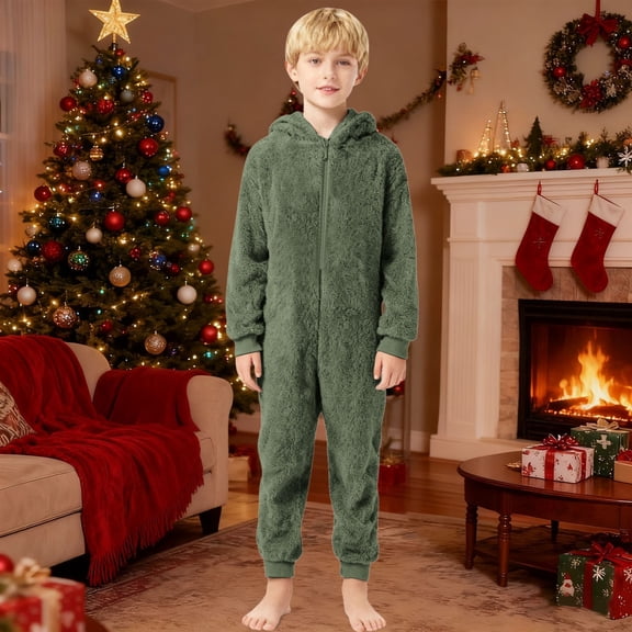 FAOWME Big Boys Girls Hooded Jumpsuits Long Sleeve Solid Color Zipper Plush Warm Soft Romper Bodysuits For Daily Wear Army Green 9-10 Years