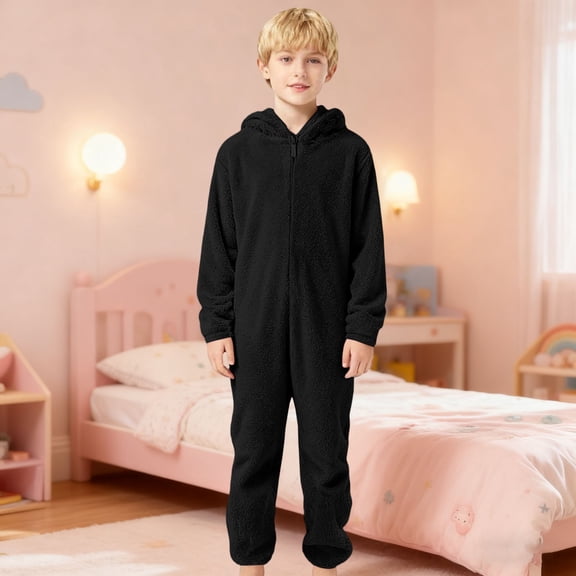 FAOWME Big Boys Girls Hooded Jumpsuits Long Sleeve Solid Color Zipper Plush Warm Soft Romper Bodysuits For Daily Wear Black 11-12 Years