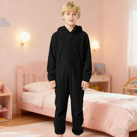 FAOWME Big Boys Girls Hooded Jumpsuits Long Sleeve Solid Color Zipper Plush Warm Soft Romper Bodysuits For Daily Wear Black 9-10 Years