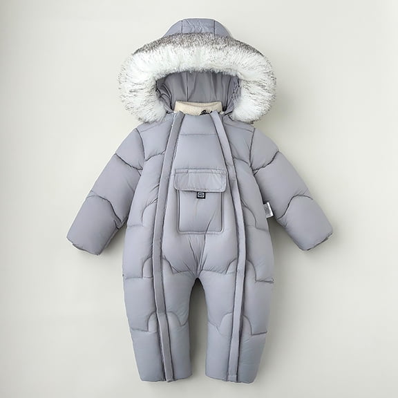 FAOWME Big Boys Girls Hooded Jumpsuits With Pocket Long Sleeve Solid Color Zipper Plush Thickened Warm Soft Romper For Daily Wear Light Gray 18-24 Months