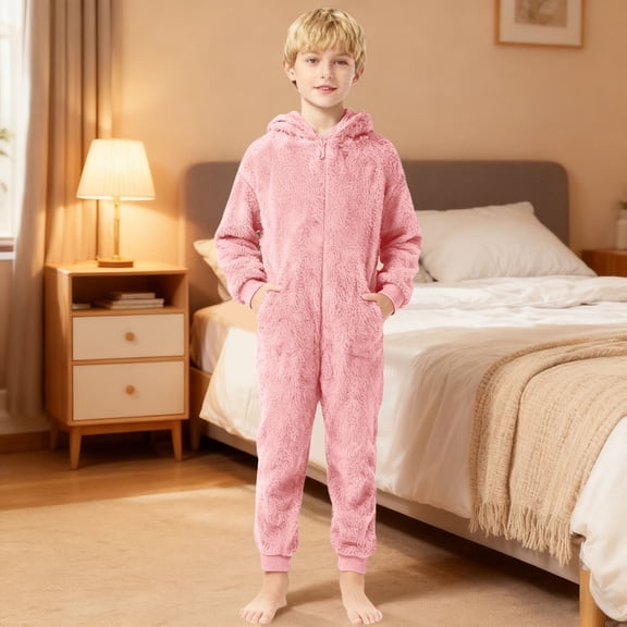 FAOWME Big Boys Girls Hooded Jumpsuits With Pocket Long Sleeve Solid Color Zipper Plush Warm Soft Romper Bodysuits For Daily Wear Light Pink 5-6 Years