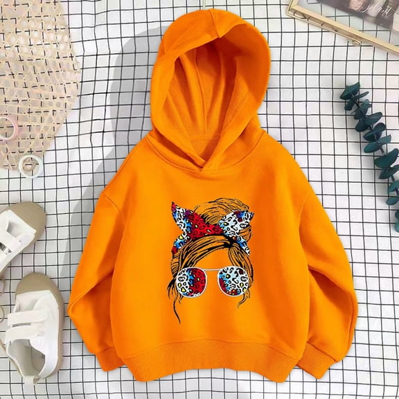 FAOWME Big Boys Girls Hoodies Long Sleeved Cartoon Print Fashion Comfortable Loose Fit Sweatshirts For Daily Wear Orange 11-12 Years