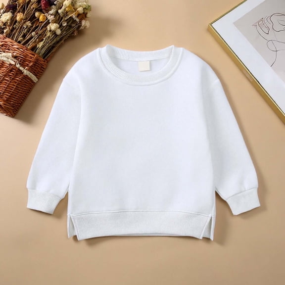 FAOWME Big Boys Girls Pullover Long Sleeved Round Neck Solid Color Plush Soft Warm Comfortable Loose Fit Sweatshirts For Casual Daily Wear White 4-5 Years