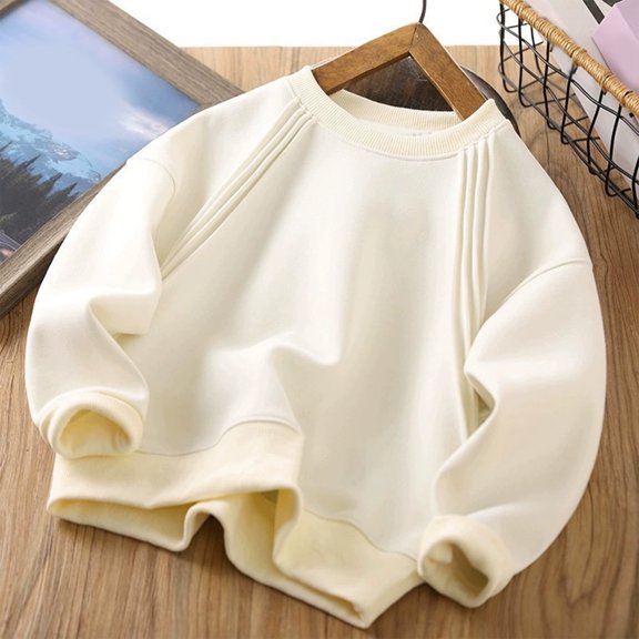 FAOWME Big Boys Girls Pullover Long Sleeved Round Neck Solid Color Soft Comfortable Loose Fit Sweatshirts For Casual Daily Wear Beige 5-6 Years