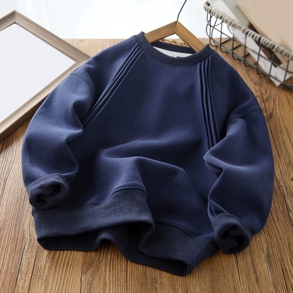 FAOWME Big Boys Girls Pullover Long Sleeved Round Neck Solid Color Soft Comfortable Loose Fit Sweatshirts For Casual Daily Wear Navy 5-6 Years