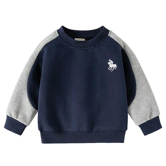 FAOWME Big Boys Pullover Long Sleeve Round Neck Cute Animal Embroidered Color Block Loose Fit Comfortable Sweatshirt For Casual Daily Wear Navy 11-12 Years