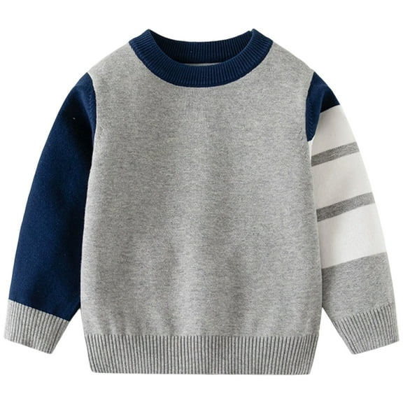 FAOWME Big Boys Sweater Long Sleeve Round Neck Color Block Knit Loose Fit Comfortable Top For Casual Daily Wear Grey 3-4 Years