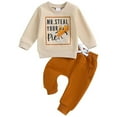 thumbnail image 1 of FAOWME Big Boys Thanksgiving Outfits Long Sleeve Round Neck Cartoon Print Top And Pants Soft Comfortable Sets Two Piece For Holiday Family Party Brown 18-24 Months, 1 of 5