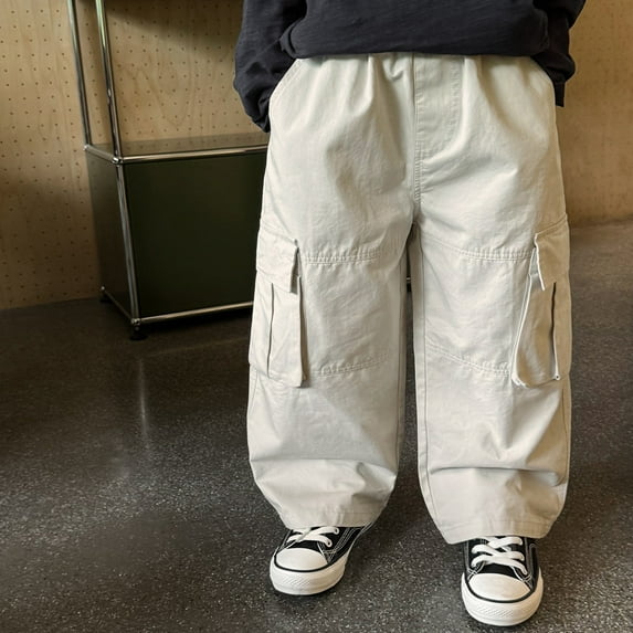 FAOWME Big Child Boys Cargo Pants With Pockets Elastic Waist Solid Color Wide Leg Comfortable Loose Fit Casual Trousers For Daily Wear White 18-24 Months