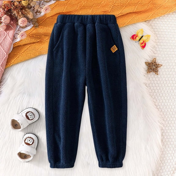 FAOWME Big Child Boys Casual Pants With Pocket Fuzzy Elastic Waist Solid Color Comfortable Warm Trousers For Daily Wear Dark Blue 2-3 Years