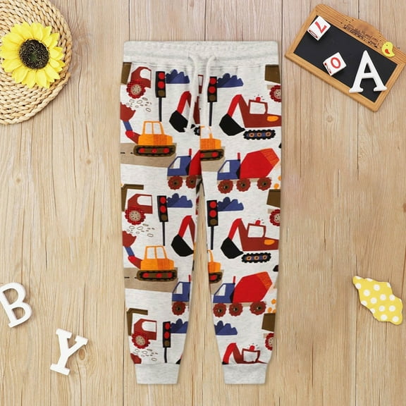 FAOWME Big Child Boys Sweatpants Drawstring Elastic Waist Cartoon Print Casual Comfortable Soft Breathable Trousers For Daily Wear Beige 3T