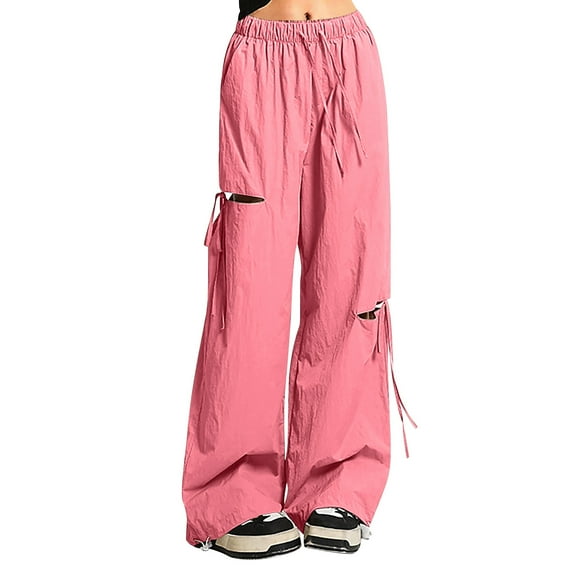 FAOWME Big Child Cargo Pants Drawstring Elastic Waist Solid Color Asymmetric Ripped Comfortable Breathable Trousers For Casual Daily Wear Pink 12-13 Years