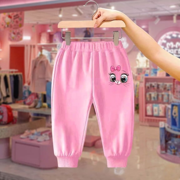FAOWME Big Child Girls Boys Sweatpants Elastic Waist Cartoon Print Ankle-Tied Comfortable Stylish Trousers For Outdoor Activities Pink 11-12 Years