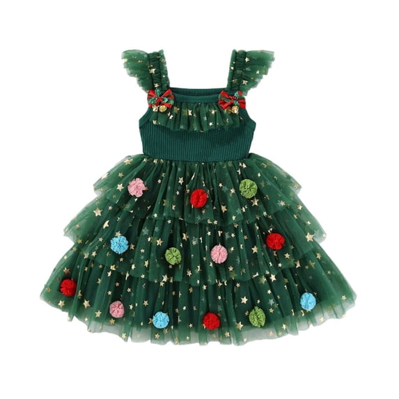 FAOWME Big Child Girls Christmas Dress Fly Sleeve Star Print Mesh Comfortable Fashion Tutu Dresses For Holiday Party Green 4-5 Years