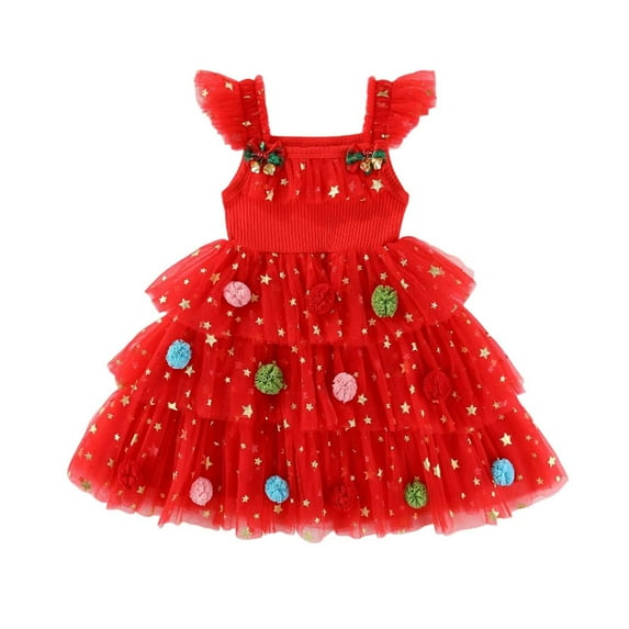 FAOWME Big Child Girls Christmas Dress Fly Sleeve Star Print Mesh Comfortable Fashion Tutu Dresses For Holiday Party Red 5-6 Years
