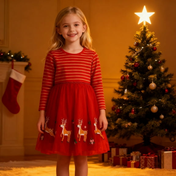 FAOWME Big Child Girls Christmas Dress Long Sleeve Round Neck Reindeer Print Mesh Stylish Comfortable Dresses For Party Red 2-3 Years