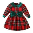 thumbnail image 1 of FAOWME Big Child Girls Christmas Dress Long Sleeve Turndown Collar Plaid Print Bowknot Comfortable Fashion Dresses For Party Green 3-4 Years, 1 of 6