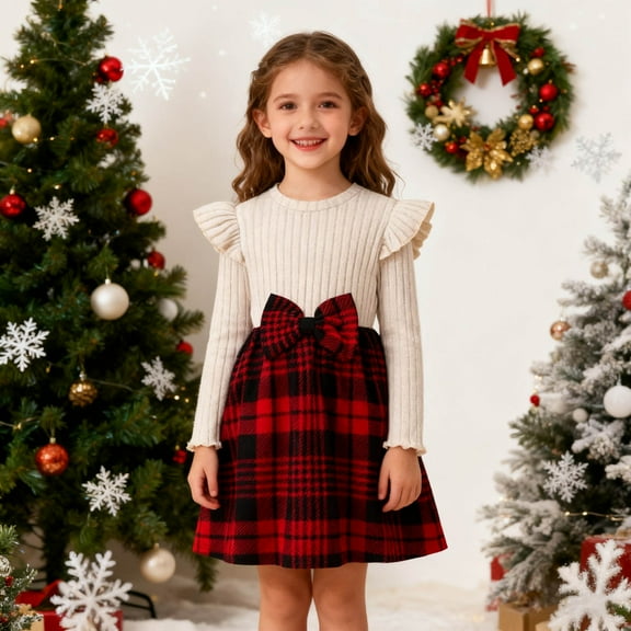 FAOWME Big Child Girls Dress Long Sleeve Round Neck Bow Tie Plaid Print Stylish Comfortable Dress For Holiday Festive Occasions Beige 2-3 Years