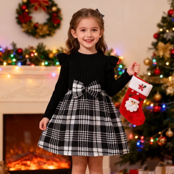 FAOWME Big Child Girls Dress Long Sleeve Round Neck Bow Tie Plaid Print Stylish Comfortable Dress For Holiday Festive Occasions Black 2-3 Years