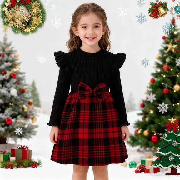 FAOWME Big Child Girls Dress Long Sleeve Round Neck Bow Tie Plaid Print Stylish Comfortable Dress For Holiday Festive Occasions Red 2-3 Years