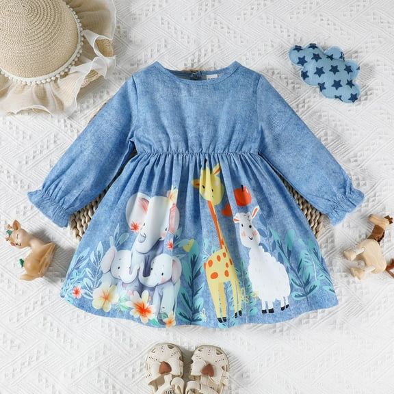 FAOWME Big Child Girls Dress Long Sleeve Round Neck Cartoon Animal Print Elegant Stylish Dresses For Casual Daily Wear Blue 9-12 Months