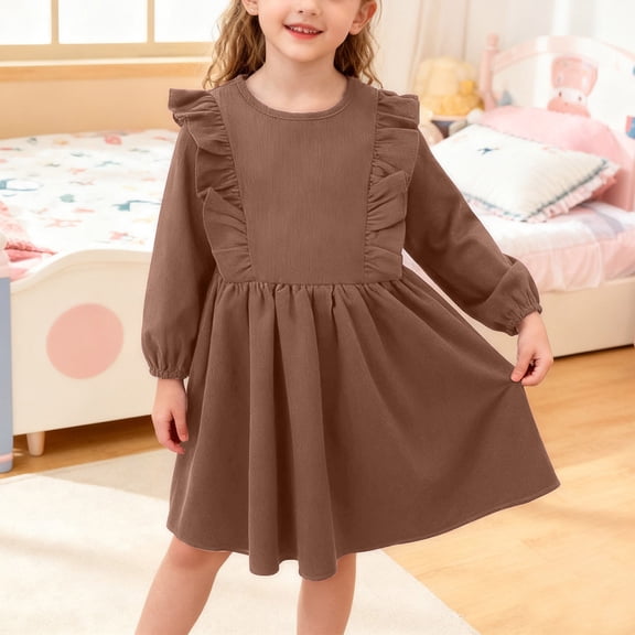 FAOWME Big Child Girls Dress Long Sleeve Round Neck Solid Color Stylish Comfortable Dresses For Casaul Daily Wear Brown 3-4 Years