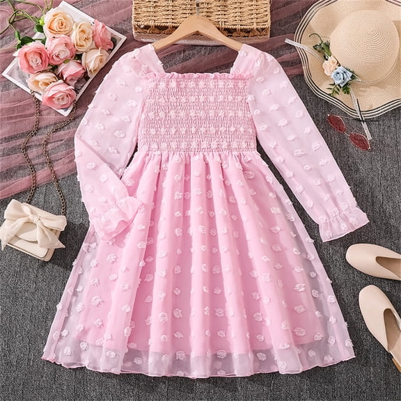 FAOWME Big Child Girls Dress Long Sleeve Square Collar Solid Color Ruffle Hem Elegant Stylish Dresses For Party Daily Wear Pink 7-8 Years