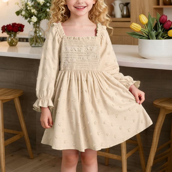 FAOWME Big Child Girls Dress Long Sleeve Square Collar Solid Color Stylish Comfortable Dresses For Daily Wear Khaki 3-4 Years