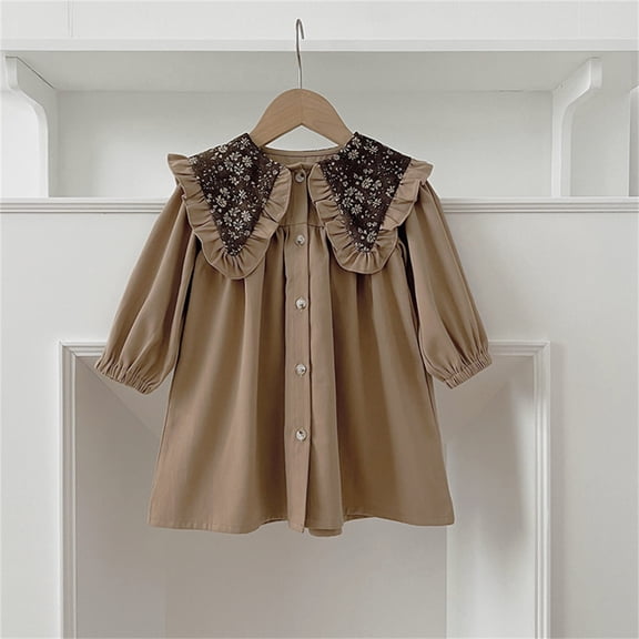 FAOWME Big Child Girls Dress Sets Long Sleeve Peter Pan Collar Buttons Elegant Stylish Comfortable Dresses For Party Daily Wear Brown 6-7 Years