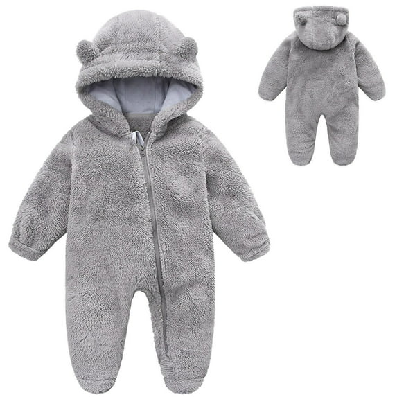 FAOWME Big Child Girls Hooded Romper Fuzzy Long Sleeve Solid Color Zipper Comfortable Soft Warm Jumpsuits Bodysuits For Daily Wear Grey 6-9 Months