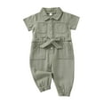 thumbnail image 1 of FAOWME Big Child Girls Romper With Pocket Short Sleeve Turndown Collar Solid Color Buttons Comfortable Soft Jumpsuits Bodysuits For Daily Wear Army Green 18-24 Months, 1 of 5