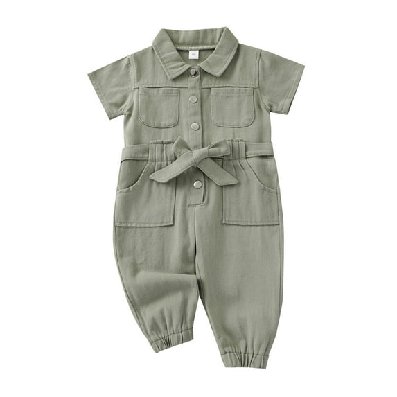FAOWME Big Child Girls Romper With Pocket Short Sleeve Turndown Collar Solid Color Buttons Comfortable Soft Jumpsuits Bodysuits For Daily Wear Army Green 18-24 Months