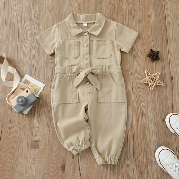 FAOWME Big Child Girls Romper With Pocket Short Sleeve Turndown Collar Solid Color Buttons Comfortable Soft Jumpsuits Bodysuits For Daily Wear Khaki 3-4 Years