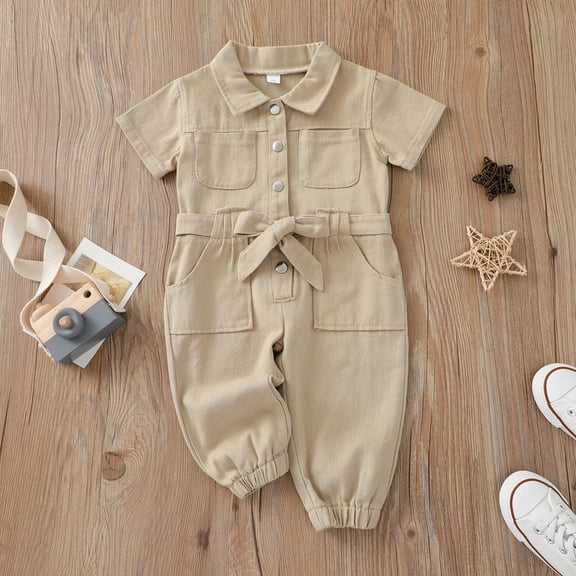 FAOWME Big Child Girls Romper With Pocket Short Sleeve Turndown Collar Solid Color Buttons Comfortable Soft Jumpsuits Bodysuits For Daily Wear Khaki 4-5 Years