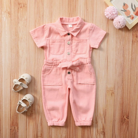 FAOWME Big Child Girls Romper With Pocket Short Sleeve Turndown Collar Solid Color Buttons Comfortable Soft Jumpsuits Bodysuits For Daily Wear Pink 2-3 Years