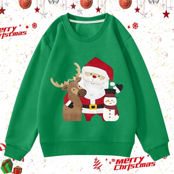 FAOWME Big Girls Boys Christmas Pullover Long Sleeved Round Neck Santa Claus Print Soft Comfortable Loose Fit Sweatshirts For Holiday Party And Daily Wear Green 9-10 Years