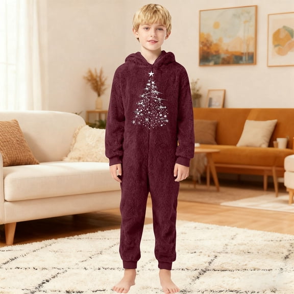 FAOWME Big Girls Boys Hooded Jumpsuits Fuzzy Long Sleeve Christmas Tree Print Zippers Thickened Warm Soft Romper Bodysuits For Christmas Party Wine 1-2 Years