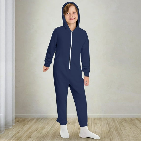 FAOWME Big Girls Boys Hooded Jumpsuits Long Sleeve Solid Color Zippers Comfortable Soft Romper Bodysuits For Daily Wear Navy 5-6 Years